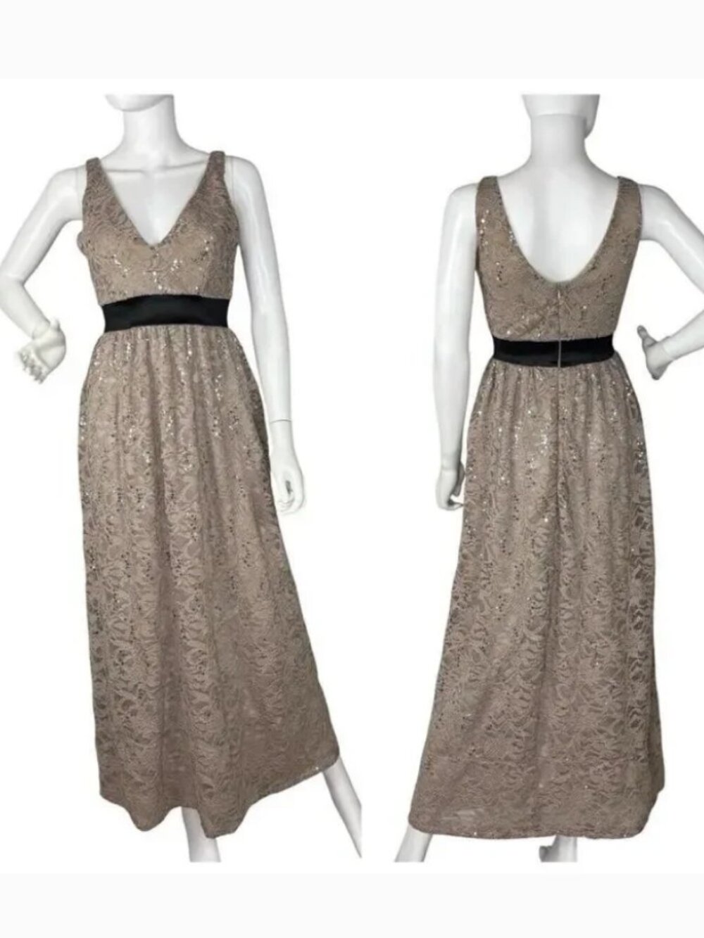 Yellow Star Women's Gown Maxi Dress Lace Sequin Formal Taupe Silver Size S
